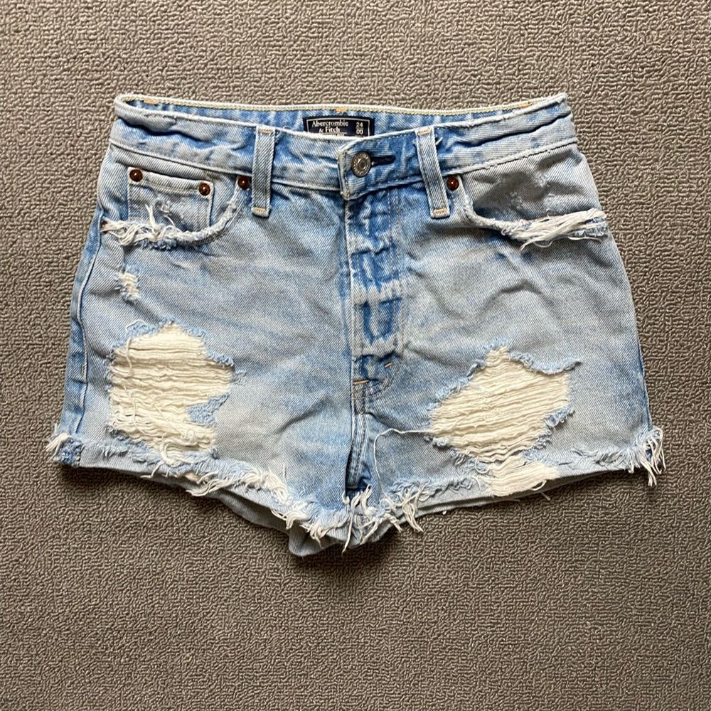 Abercrombie & Fitch High Rise Festival Distressed Light Blue Denim Shorts - Picture 1 of 5